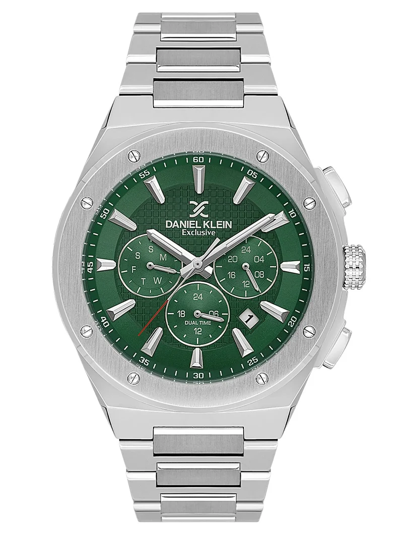 DANIEL KLEIN Men's Stainless Steel Silver Alloy Case Analog Green Round Emboss Dial Japanese Quartz Exclusive 50 Meters Water Resistant